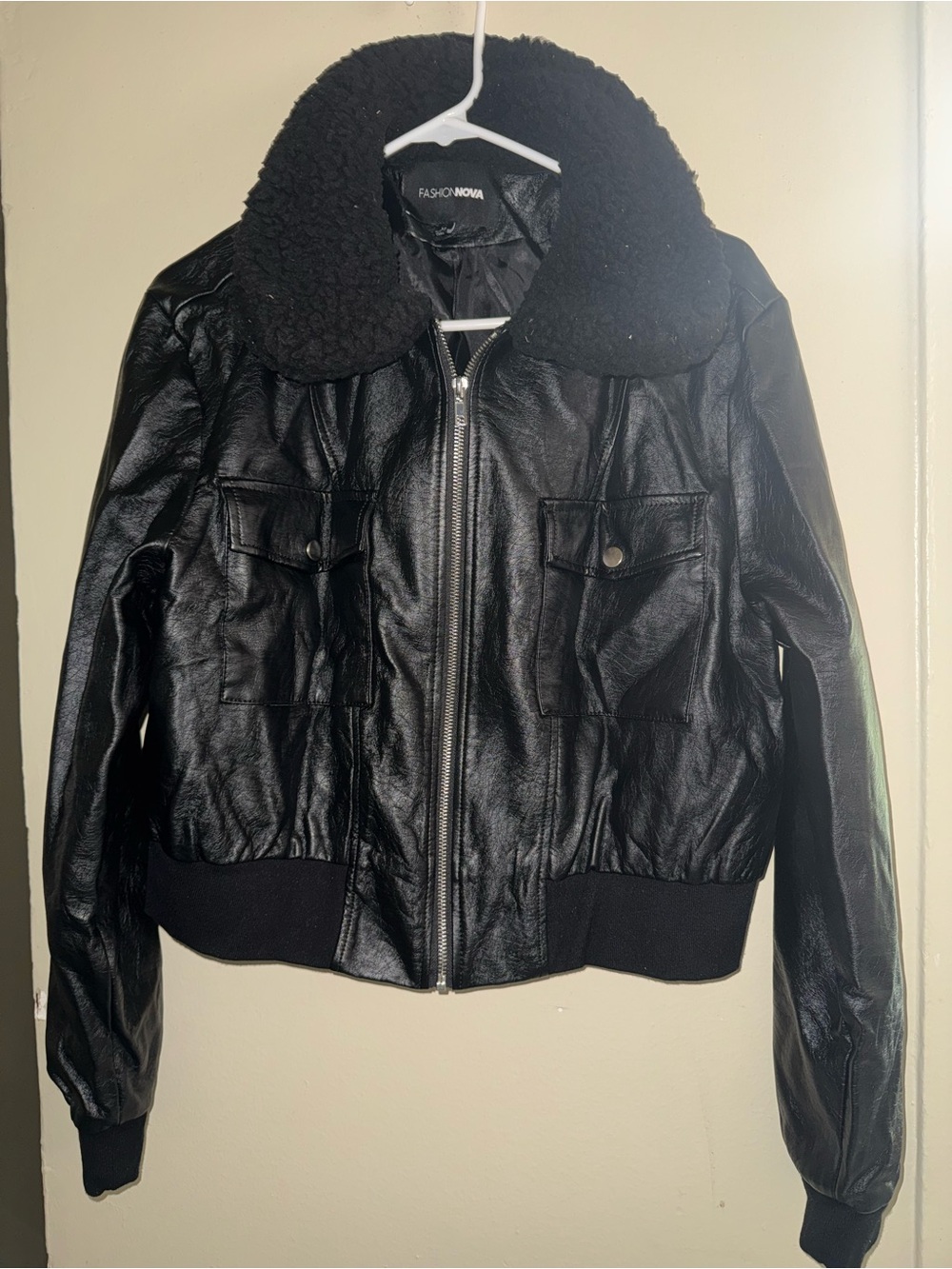 Fashion Nova Black Faux Leather Bomber Jacket with Sherpa Collar